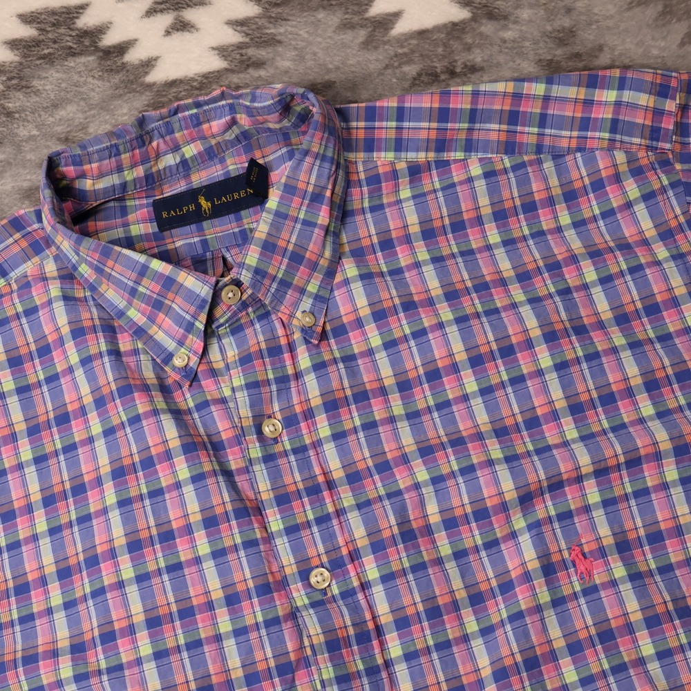 Ralph Lauren Multi Color Plaid Button Down Shirt 2XLT Tall Mens Blue Pink Cotton